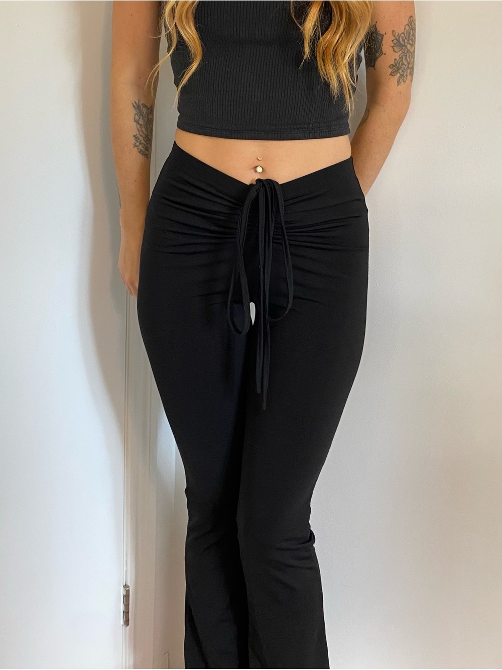 Black Ruched Front Drawstring Pants